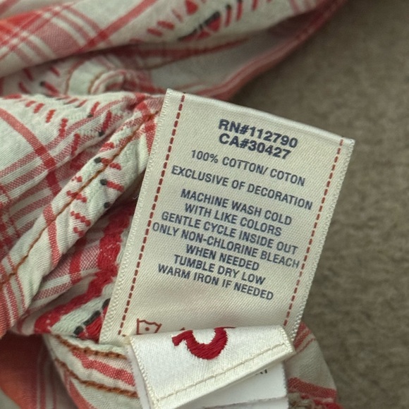 True Religion Western Shirt Men’s XXL 100% Cotton Long Sleeve White Red Pink - Picture 6 of 10